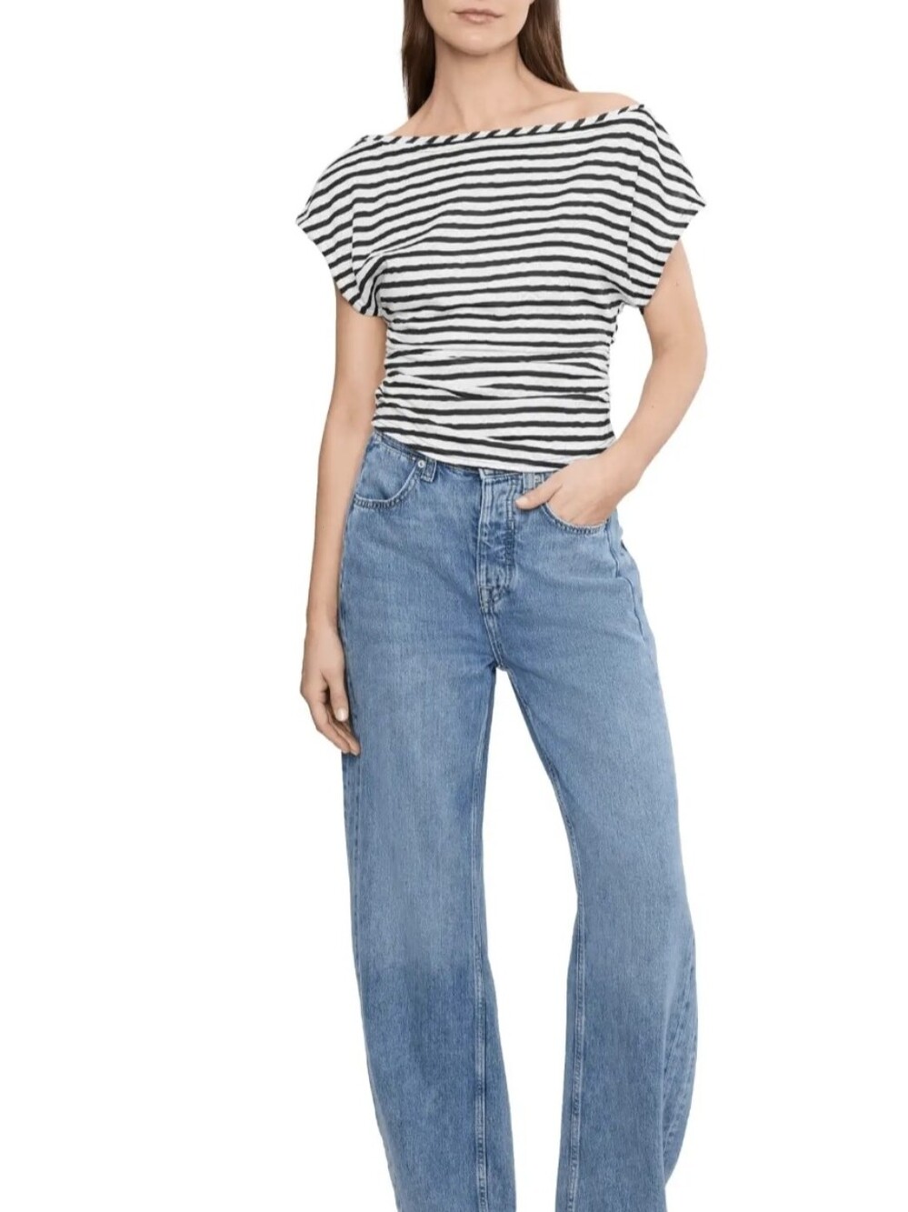 NWOT Free People Ellie Top Black & White Striped Cowl Neck Tee w/Lace Detailing